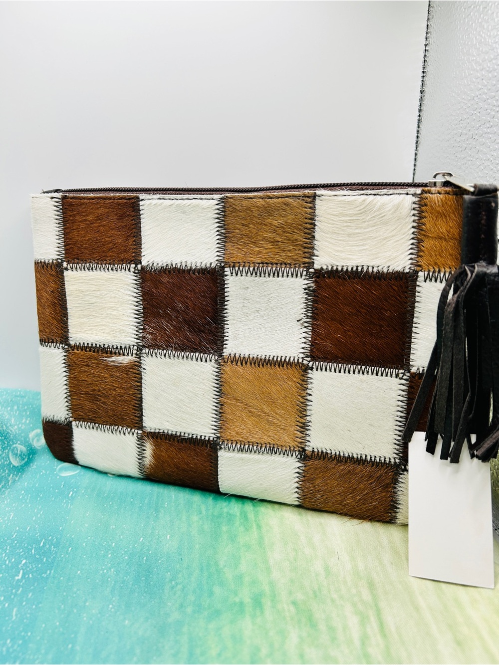 Checkerboard Hair on Hide Clutch / Wristlet, Brown & White Cowhide New With Tags